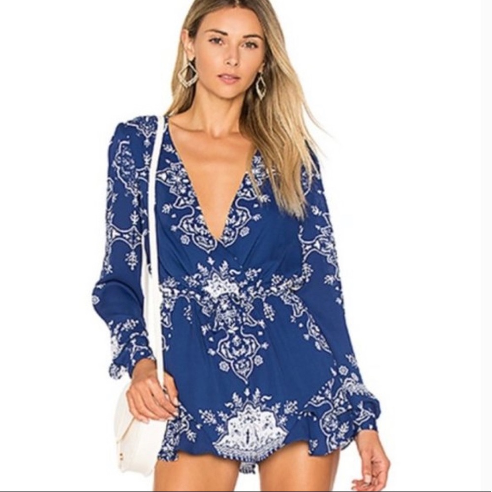 Lovers + Friends Blue/White Print Romper